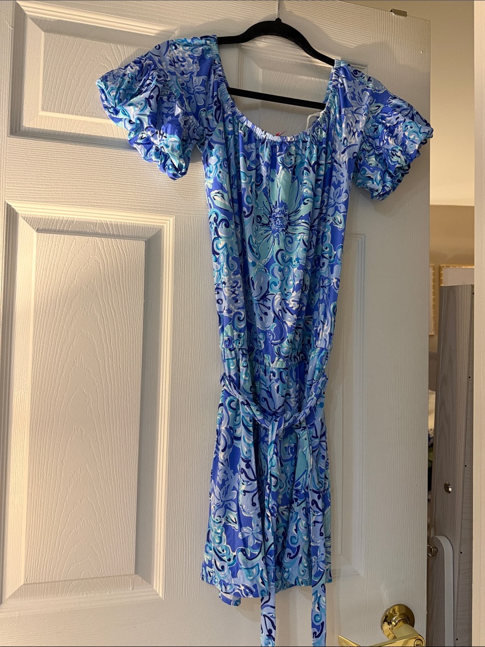 Lily Pulitzer Women’s Blue Patterned Off-Shoulder Romper with Skirt Overlay